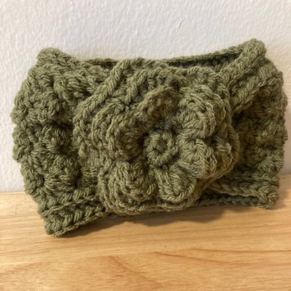 Infant Girls Winter Crochet Cinched Bow Headband Ear Warmer - Olive Green - Picture 1 of 2